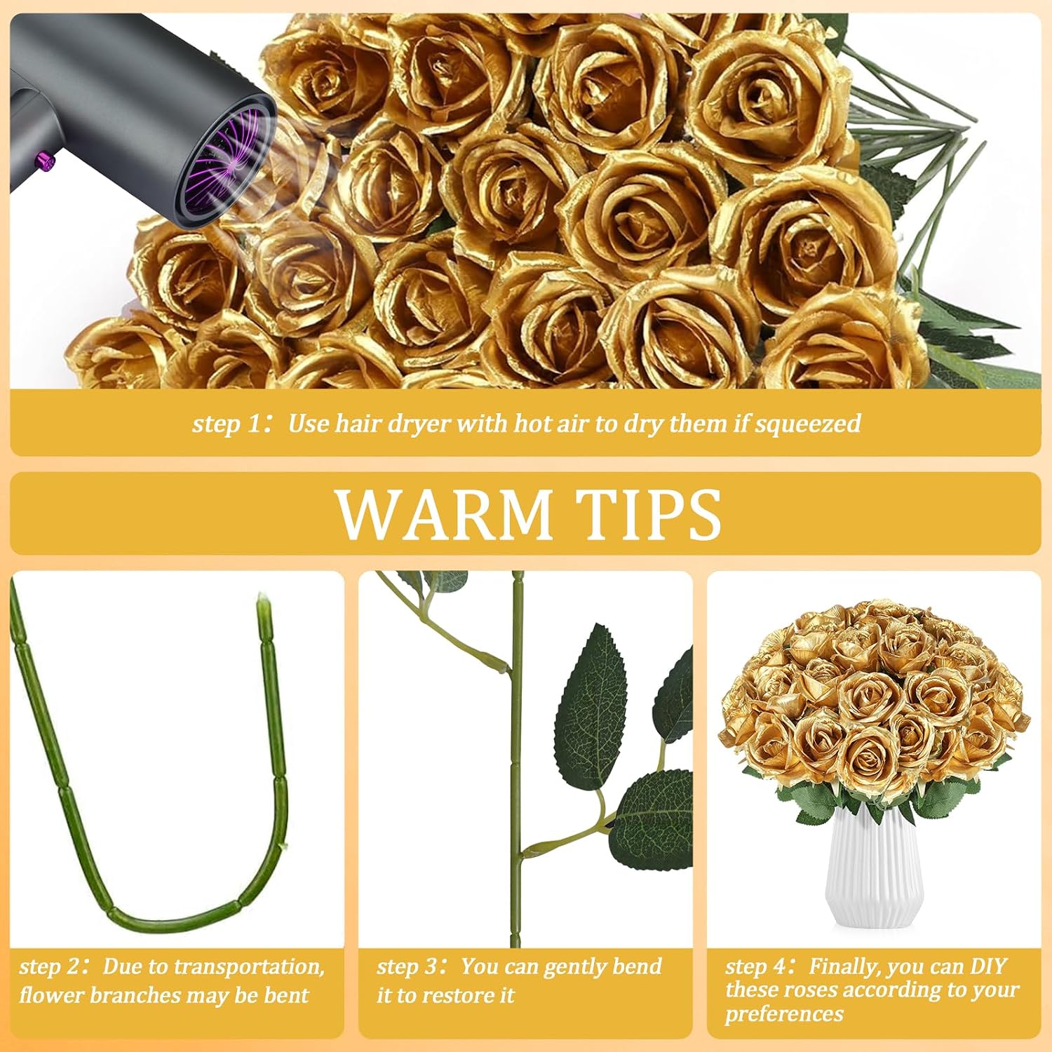 Aldernest 90pcs Silk Roses Artificial Flowers Gold Fake Rose with Long Stem for Arrangement Wedding Party Home Decoration