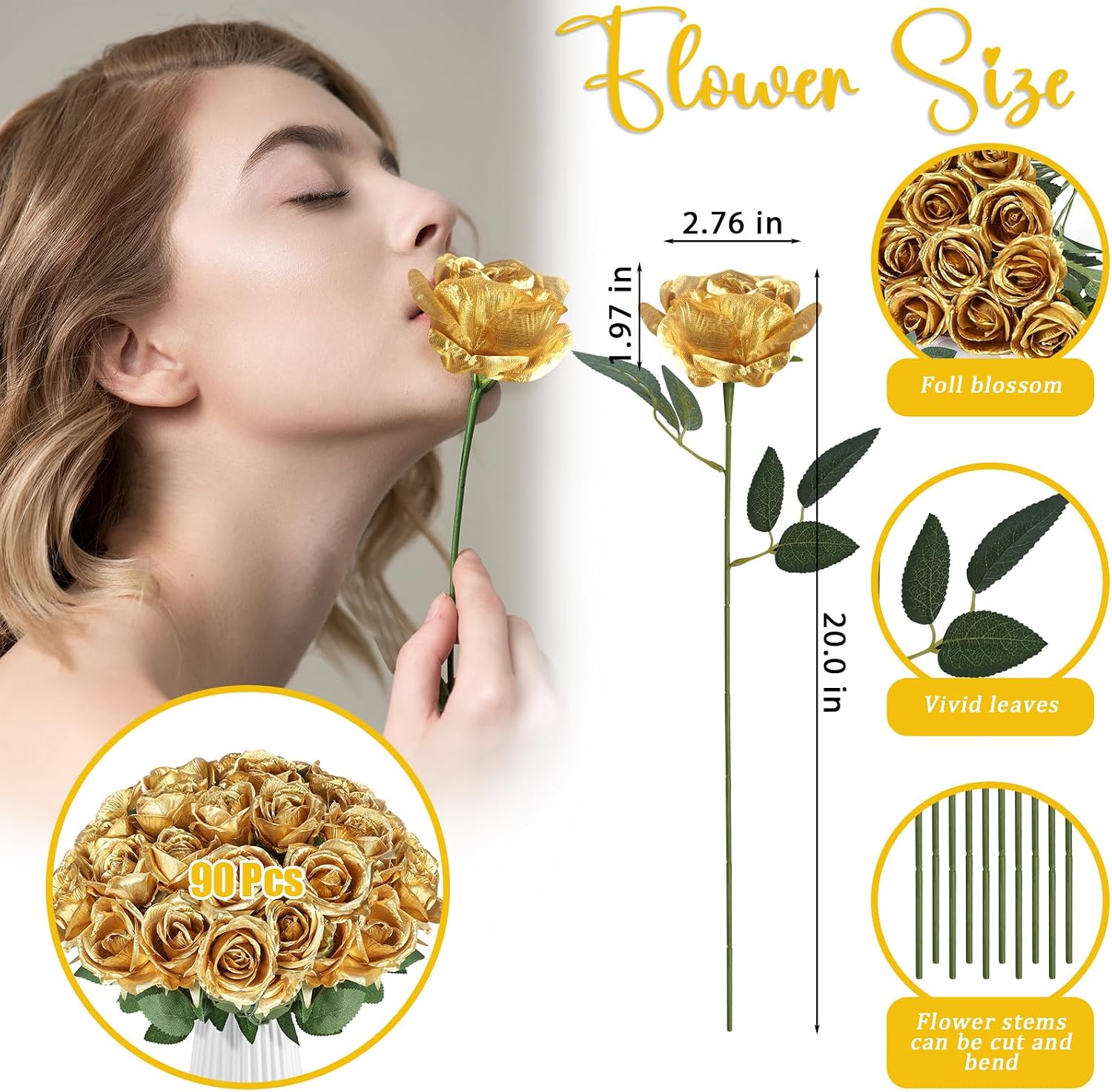 Aldernest 90pcs Silk Roses Artificial Flowers Gold Fake Rose with Long Stem for Arrangement Wedding Party Home Decoration