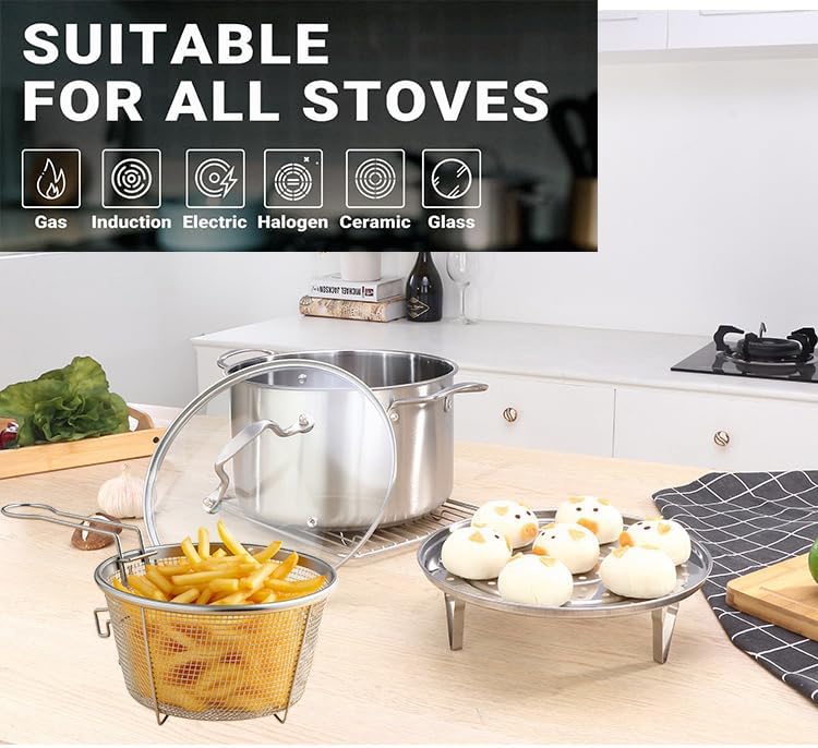 Ashenby 6L/6.4QT Deep Fryer Pot with Basket and Steamer Rack, Silver
