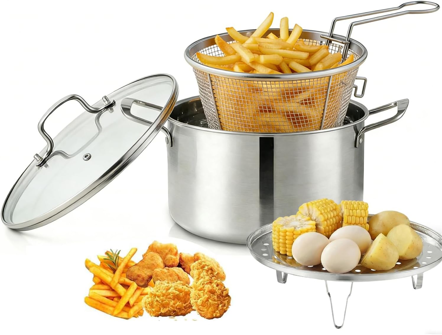 Ashenby 6L/6.4QT Deep Fryer Pot with Basket and Steamer Rack, Silver