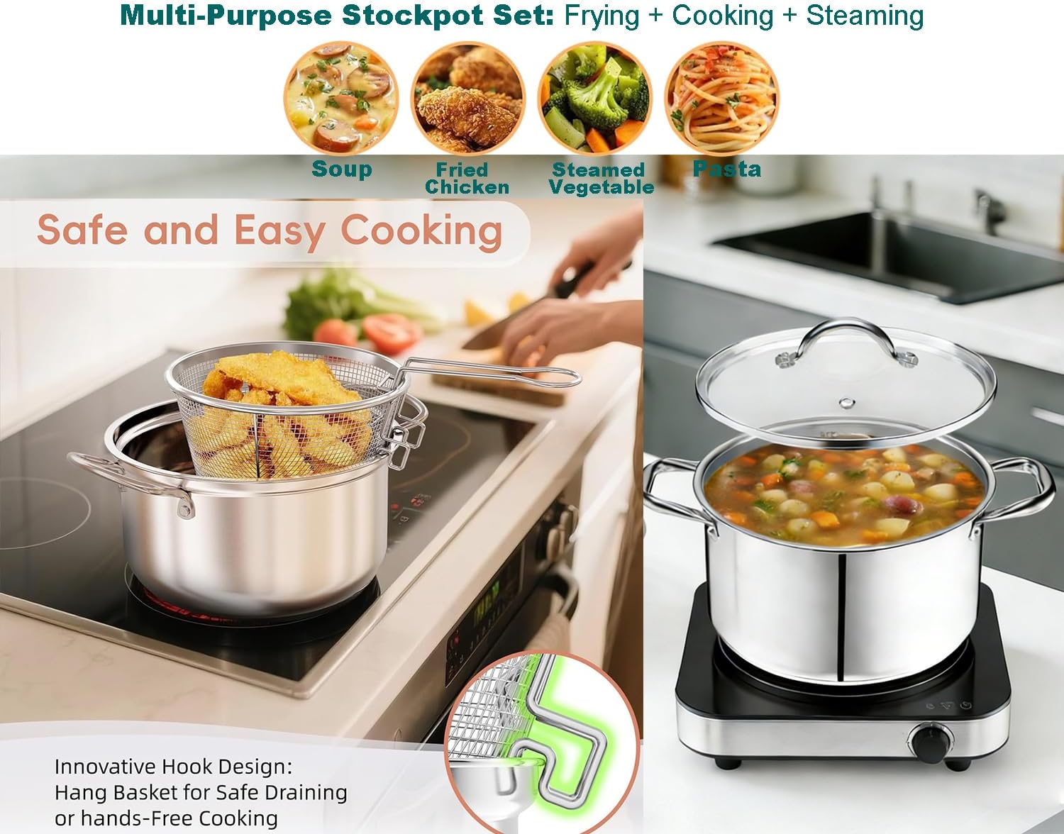 Ashenby 6L/6.4QT Deep Fryer Pot with Basket and Steamer Rack, Silver