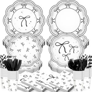 VelloHome 168PCS Black White Bow Birthday Party Decorations Paper Plates Napkins Cups Forks Knifes Tableware Set Bowknot Themed Supplies Bachelorette