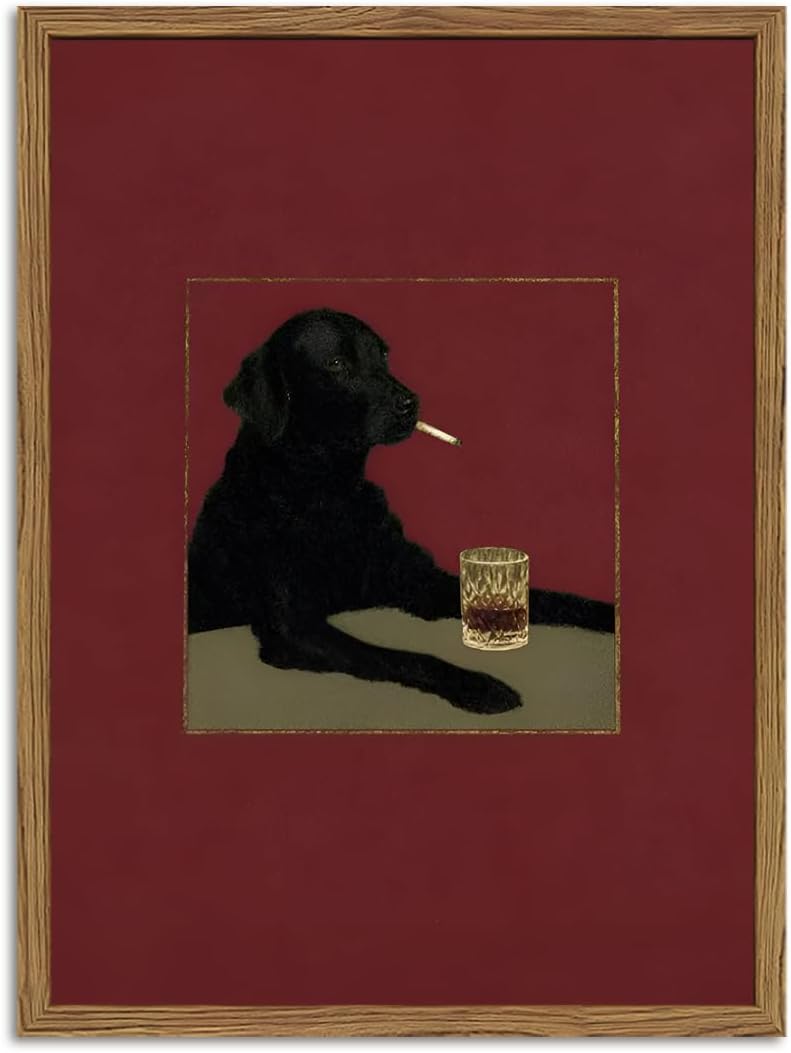 Aldernest Funny Black Dog Wall Art Moody Black Labrador With Cigarette Wall Decor Picture Vintage Animal Bar Poster Canvas Painting Print for Living