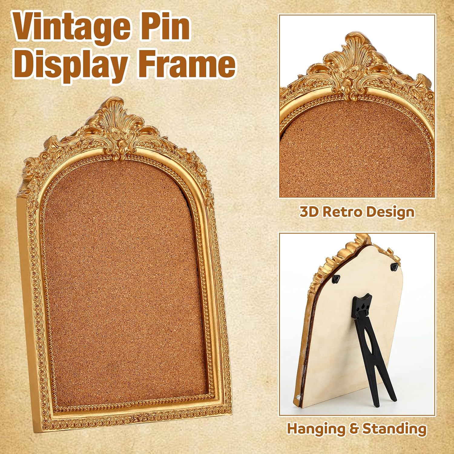 Ashenby 5 x 7 Inch Vintage Pin Display Frame, Decorative Framed Pin Board, Gold