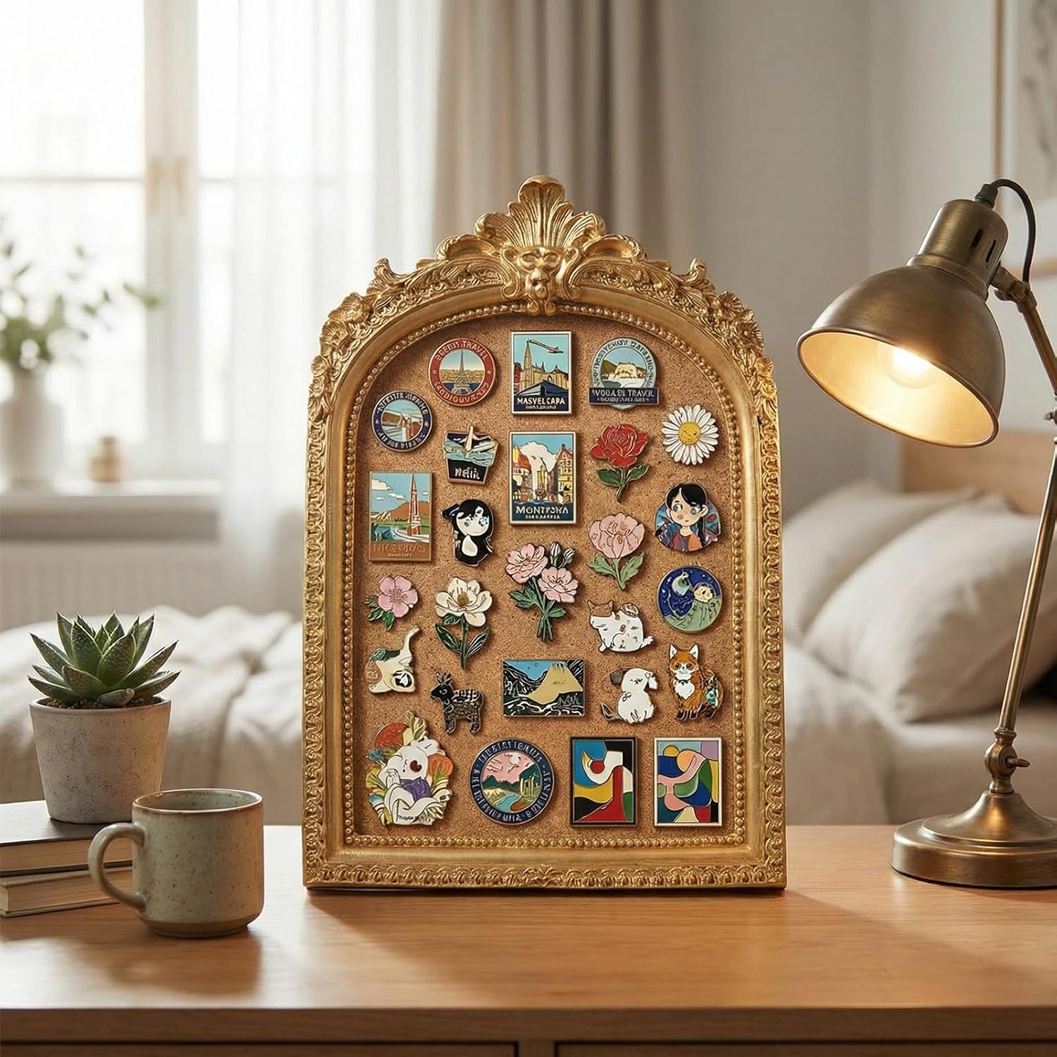 Ashenby 5 x 7 Inch Vintage Pin Display Frame, Decorative Framed Pin Board, Gold