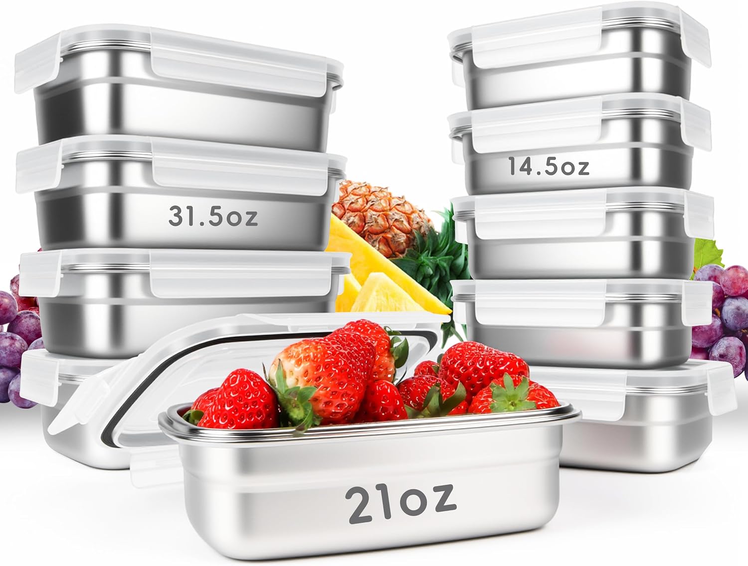 Ashenby 10PCS 304 Stainless Steel Food Storage Containers with Airtight Leakproof Lids, Small, Medium, Large (14oz, 21oz, 31.5oz), Silvery