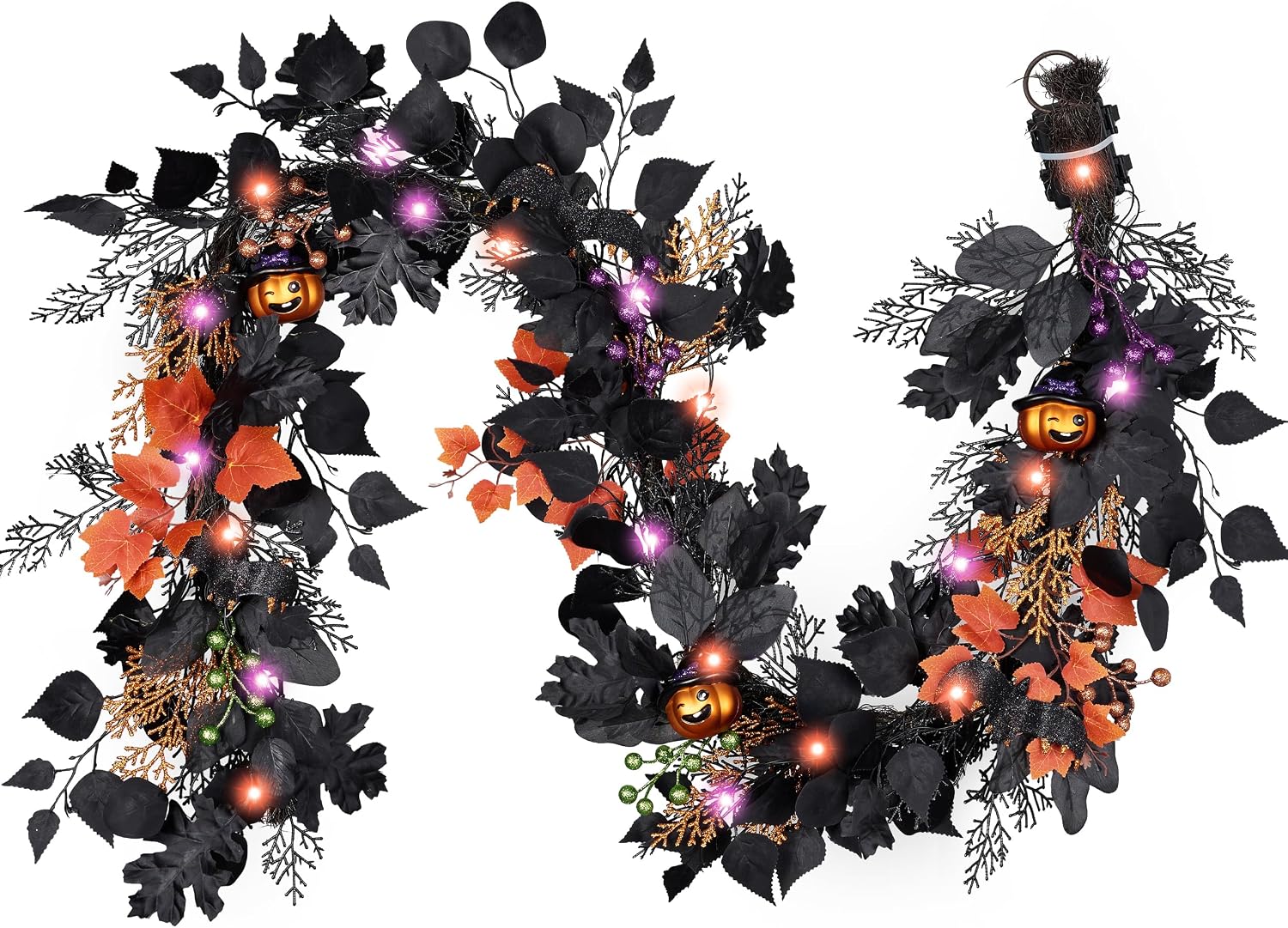 VelloHome 6ft Halloween Garland for Mantle with Lights Pumpkin Decor, Black and Orange