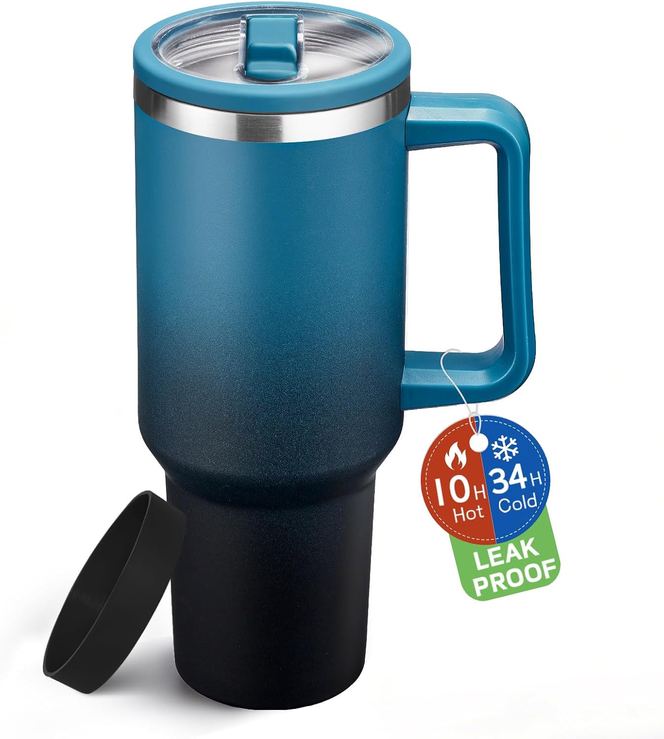Aldernest 40 oz Tumbler with Straw - Spill Proof Water Bottle Travel Coffee Mug, 1.2 pounds, Aqua Blue Black