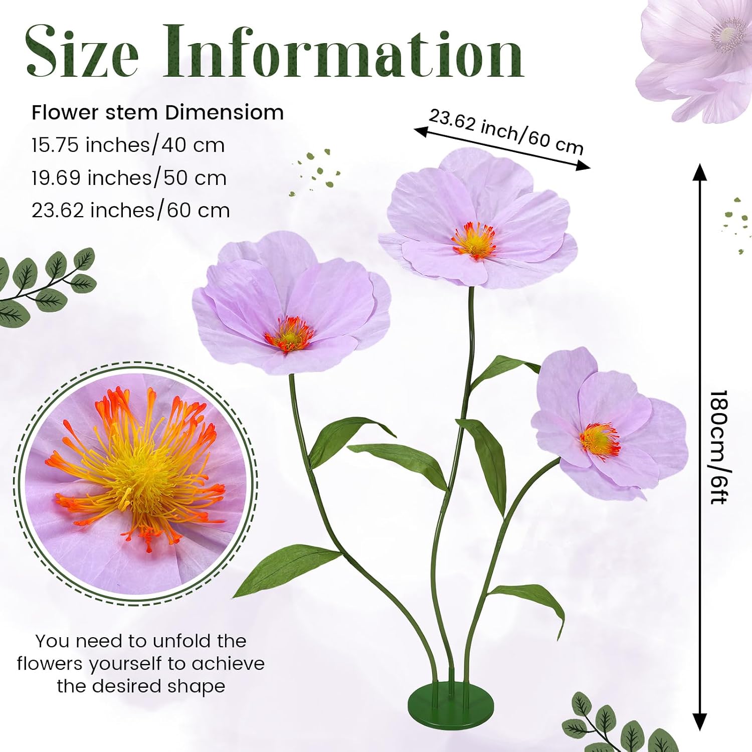 Ashenby 6ft Purple Giant Flowers for Decoration with Stand, Fake Poppy