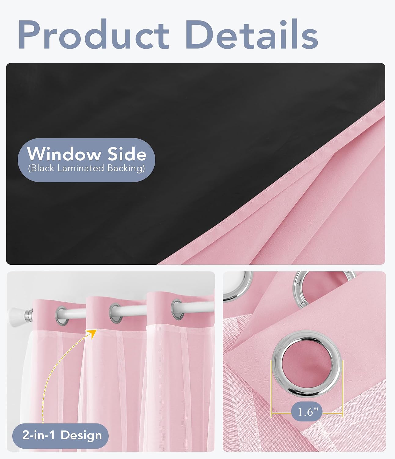 Ashenby 100% Blackout Curtains with Sheer Overlay, Pink, 52 x 84 inch, 2 Panels