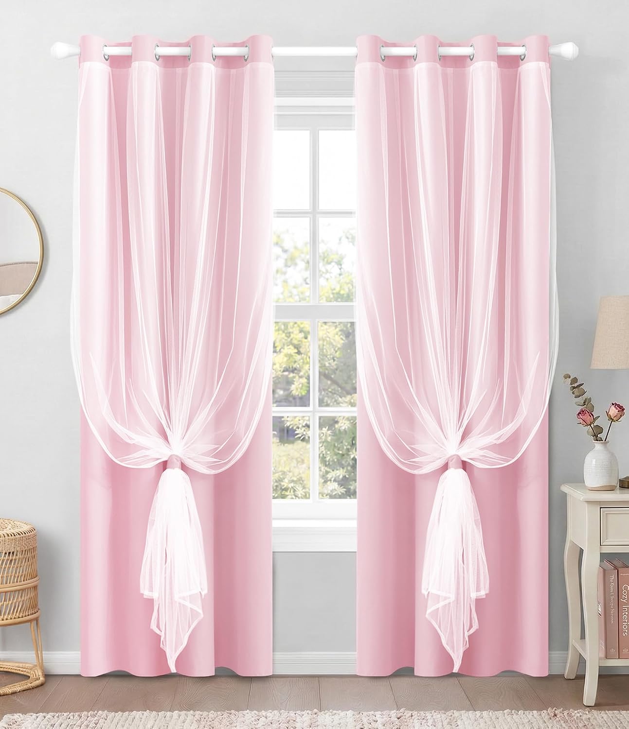 Ashenby 100% Blackout Curtains with Sheer Overlay, Pink, 52 x 84 inch, 2 Panels