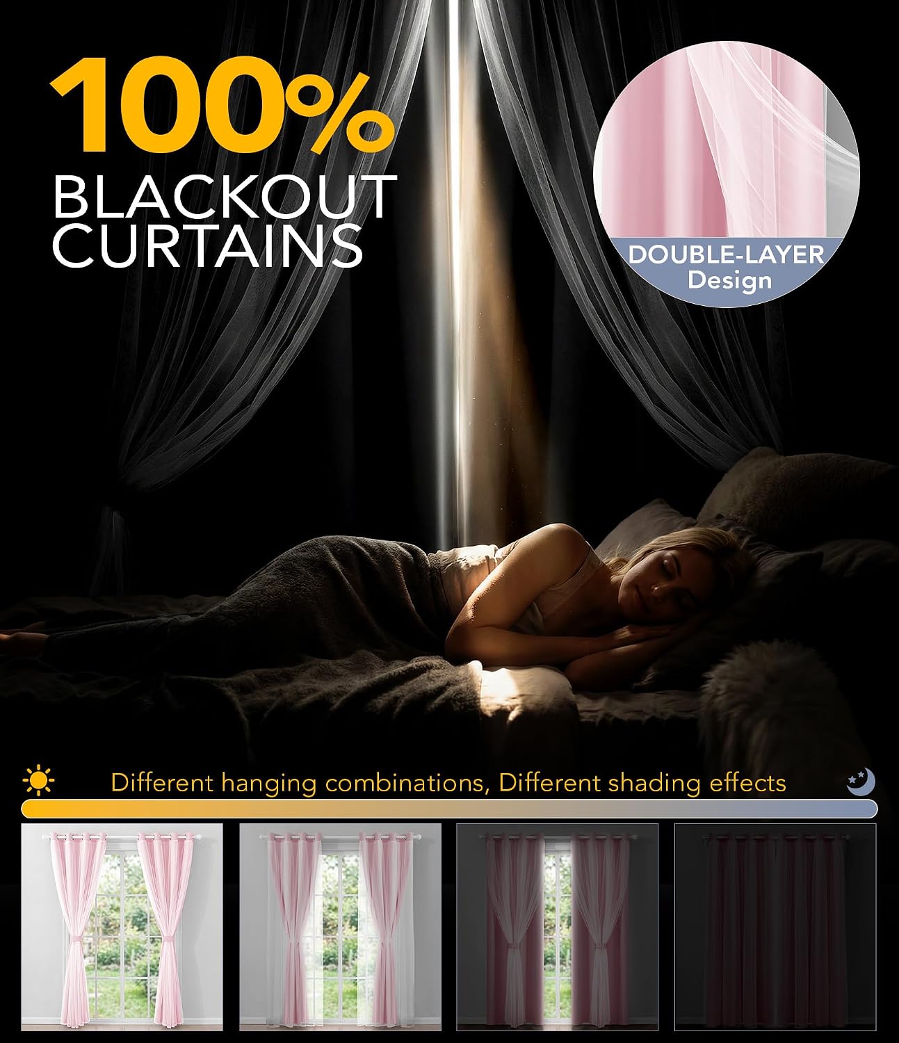 Ashenby 100% Blackout Curtains with Sheer Overlay, Pink, 52 x 84 inch, 2 Panels