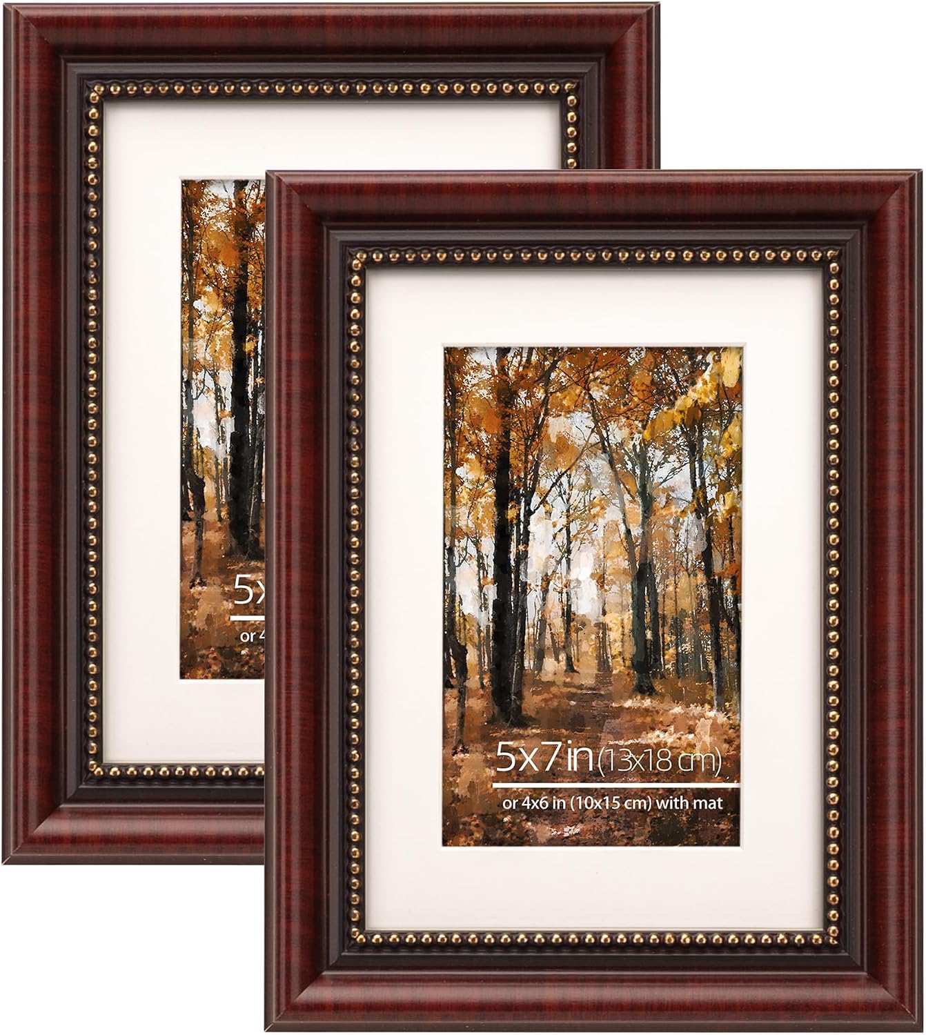 Aldernest Ornate Cherry Wooden Vintage Picture Frames, 5x7 inches, Beaded Inner Border, 5 x 7 in 2pk, Vintage Cherry