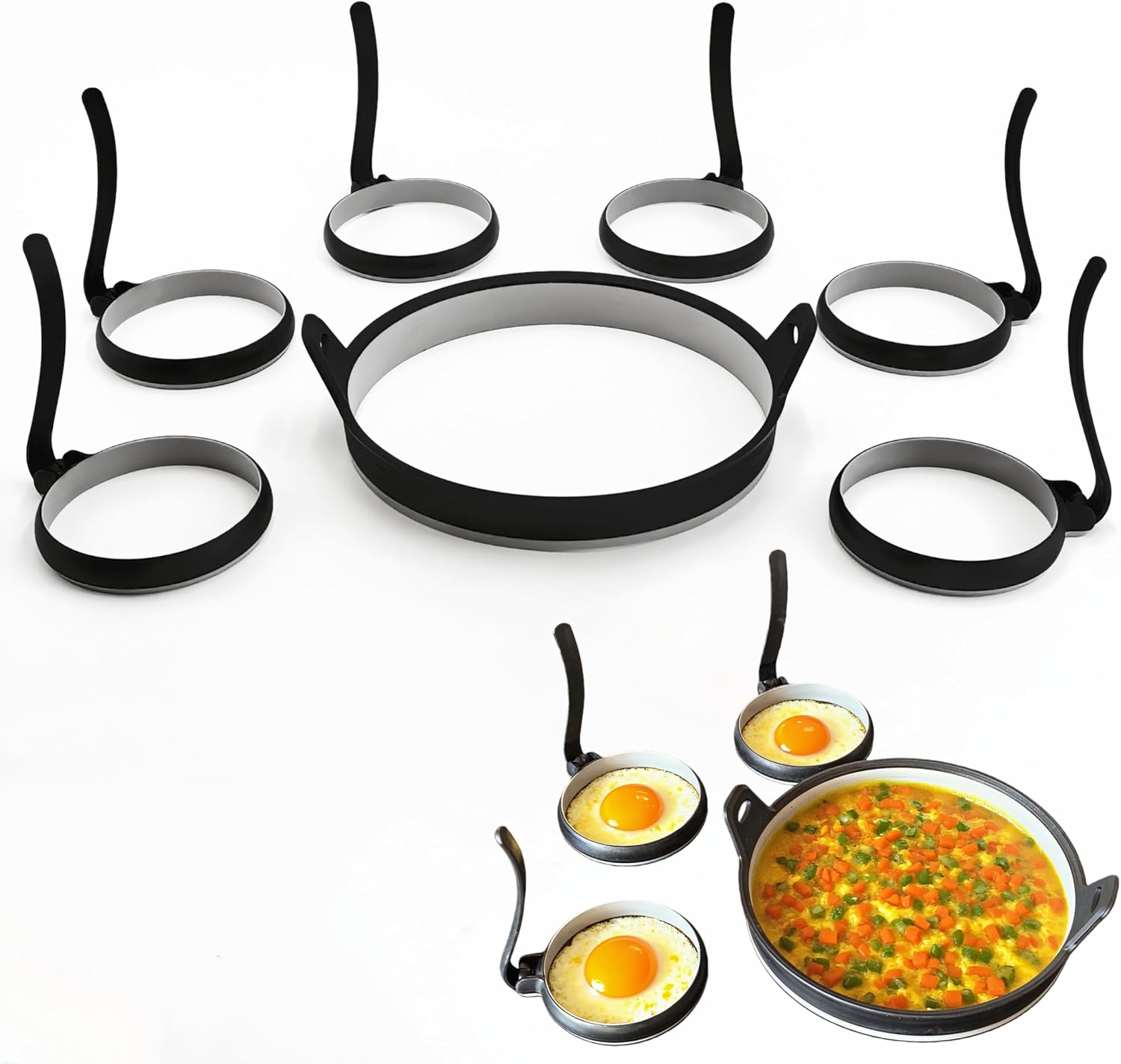 Ashenby Nonstick Silicone Egg & Omelet Ring Kit, 4" Egg Rings & 8" Omelet Ring, 15.52 ounces, BLACK, 7 Count