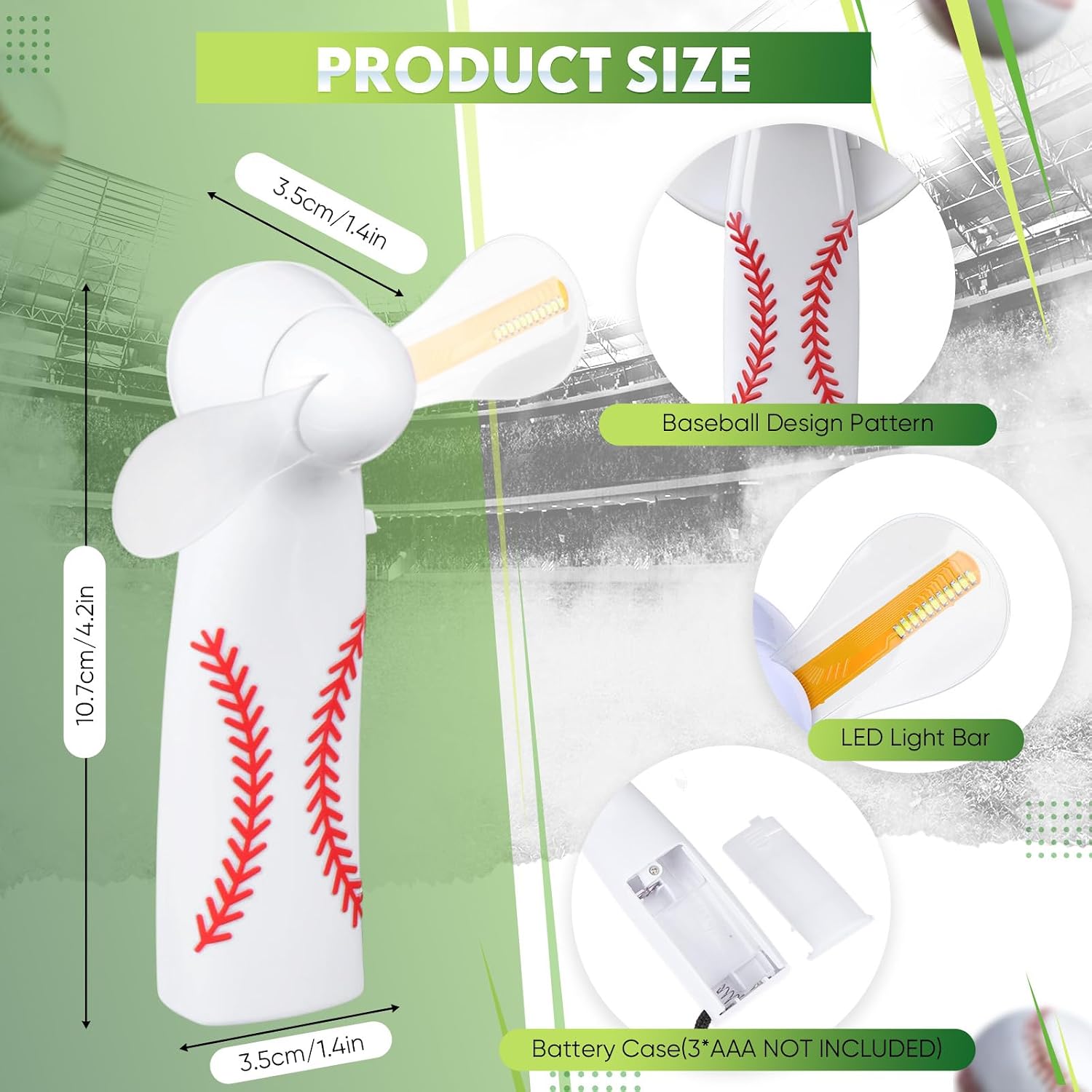 Aldernest 12 Pcs Baseball Mini Fans with LED Portable Handheld Fans Bulk, 1.6 pounds, White