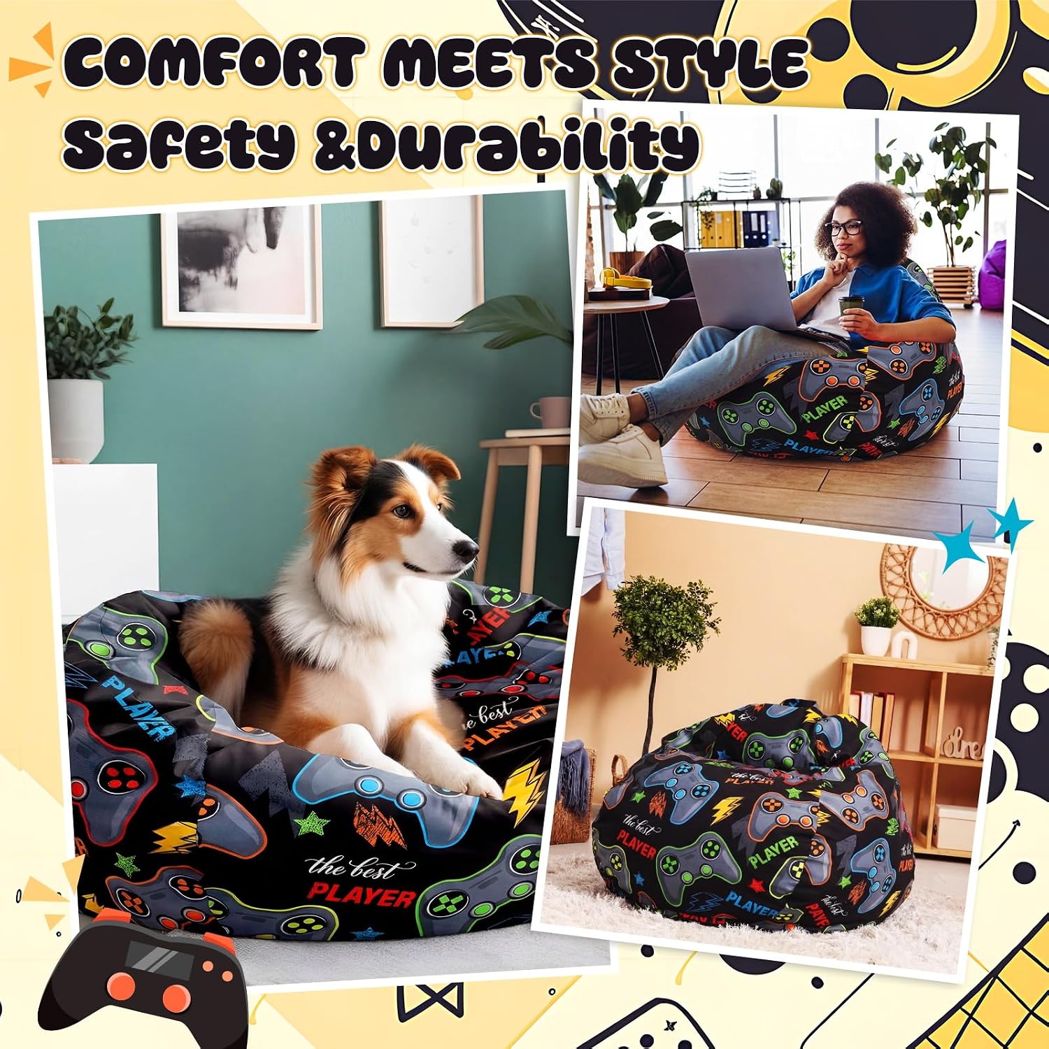 Aldernest Stuffed Player Storage Bean Bag Chair Cover for Teen, 9.12 ounces, 2.3 x 2.17 x 1.31 ft, black
