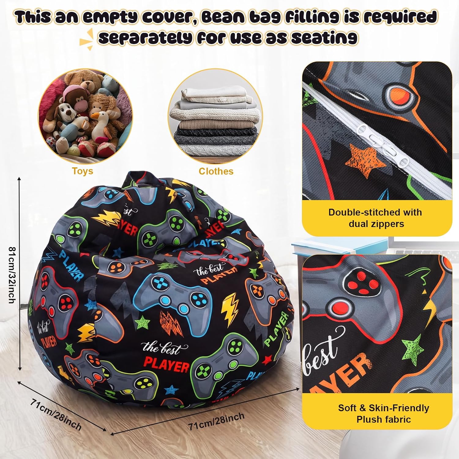 Aldernest Stuffed Player Storage Bean Bag Chair Cover for Teen, 9.12 ounces, 2.3 x 2.17 x 1.31 ft, black