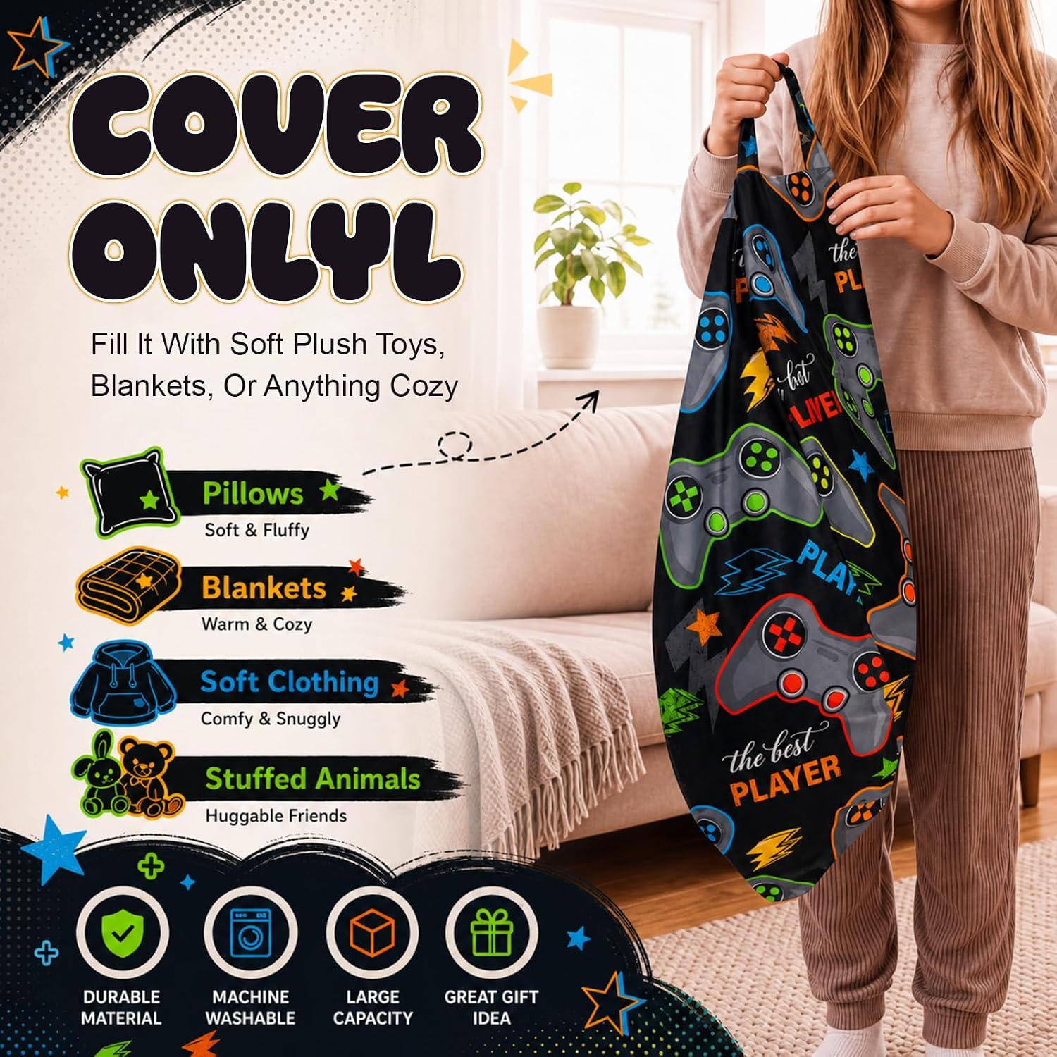 Aldernest Stuffed Player Storage Bean Bag Chair Cover for Teen, 9.12 ounces, 2.3 x 2.17 x 1.31 ft, black