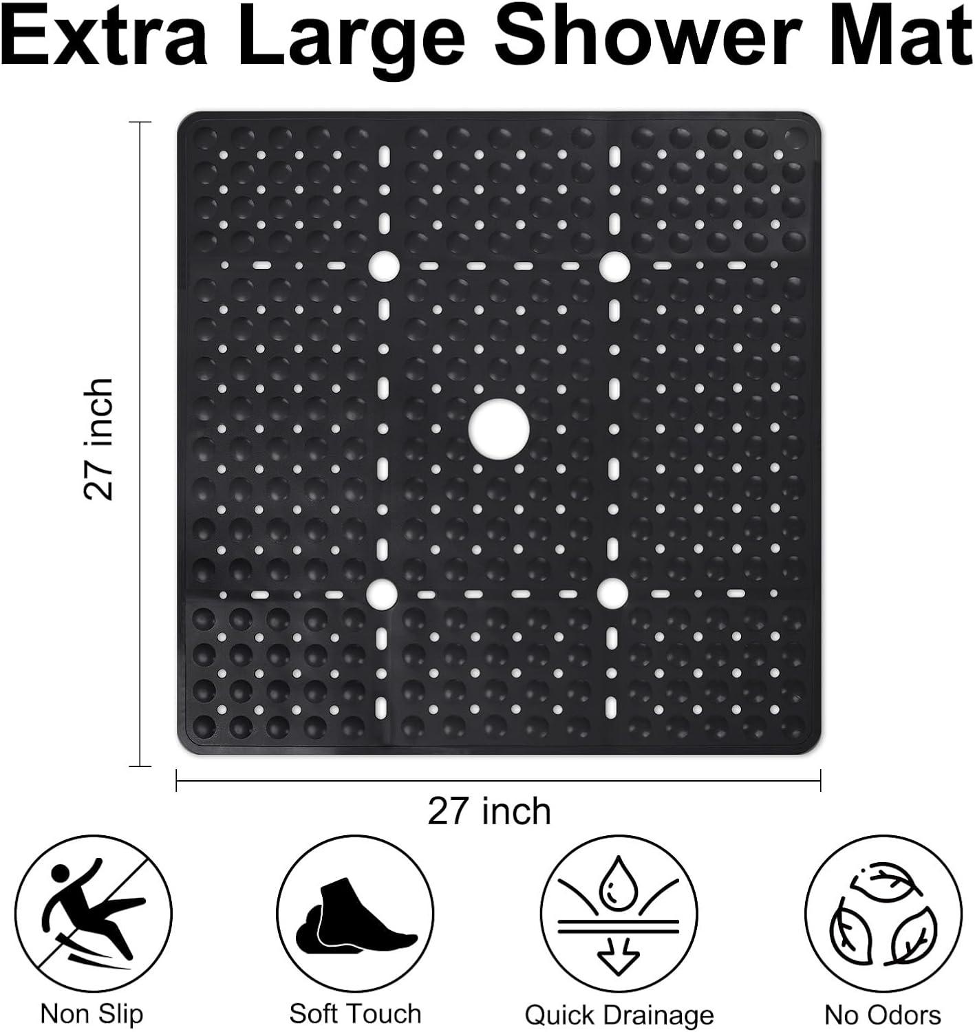 Aldernest Square Shower Mat Non Slip, 27 x 27 Inch Quick Drain TPE Anti Slip Shower Mats for Inside Shower, 1.16 kg, Black