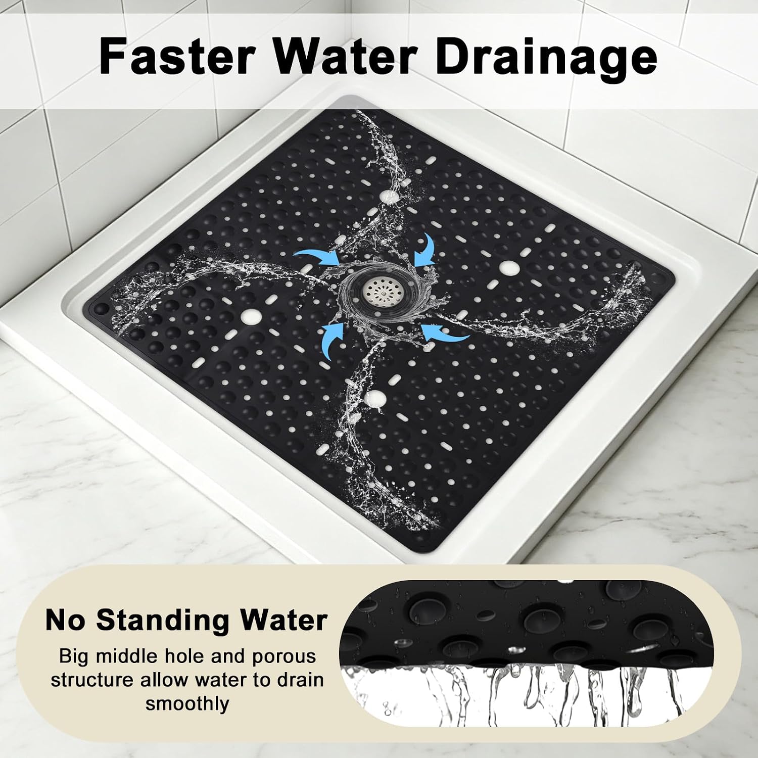 Aldernest Square Shower Mat Non Slip, 27 x 27 Inch Quick Drain TPE Anti Slip Shower Mats for Inside Shower, 1.16 kg, Black