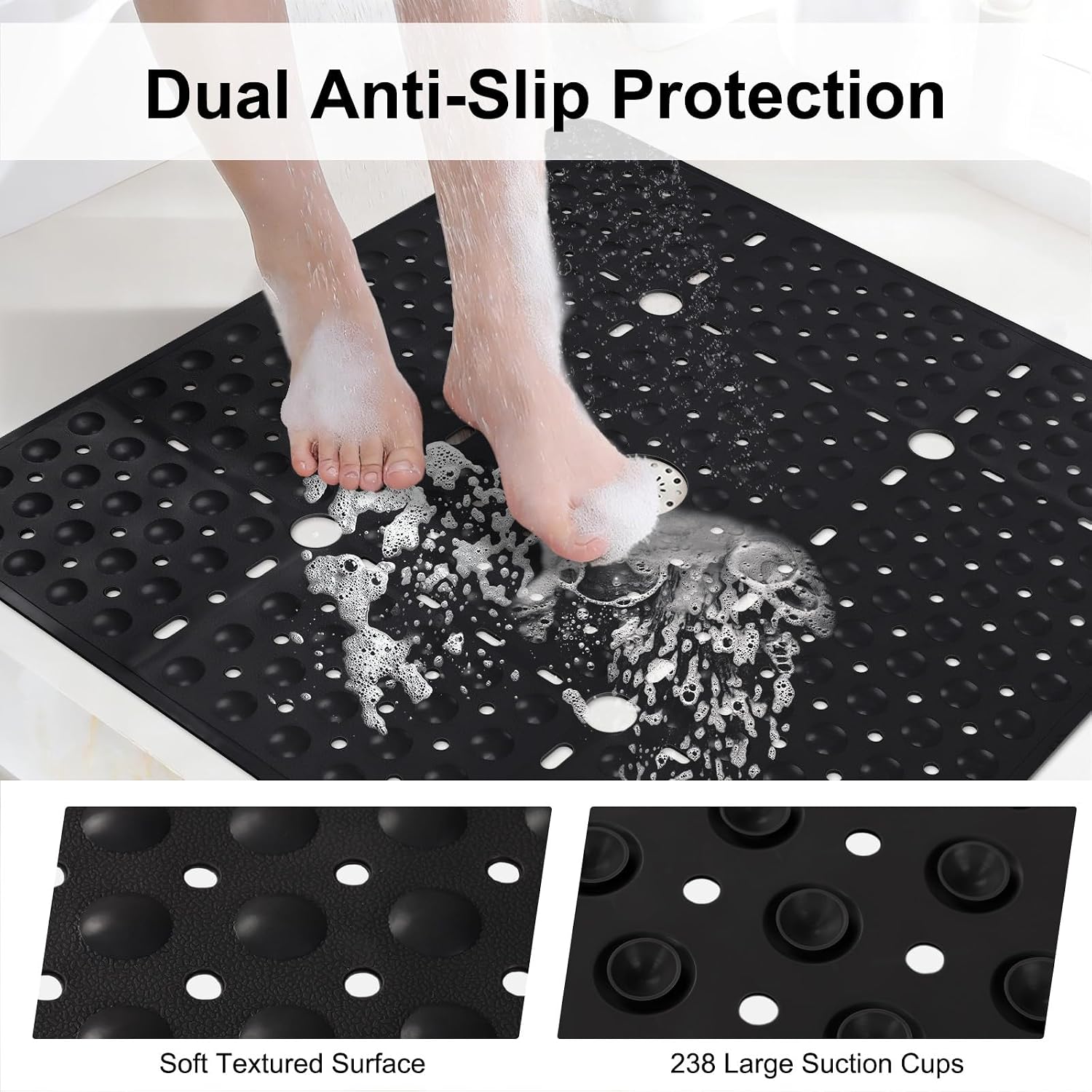 Aldernest Square Shower Mat Non Slip, 27 x 27 Inch Quick Drain TPE Anti Slip Shower Mats for Inside Shower, 1.16 kg, Black