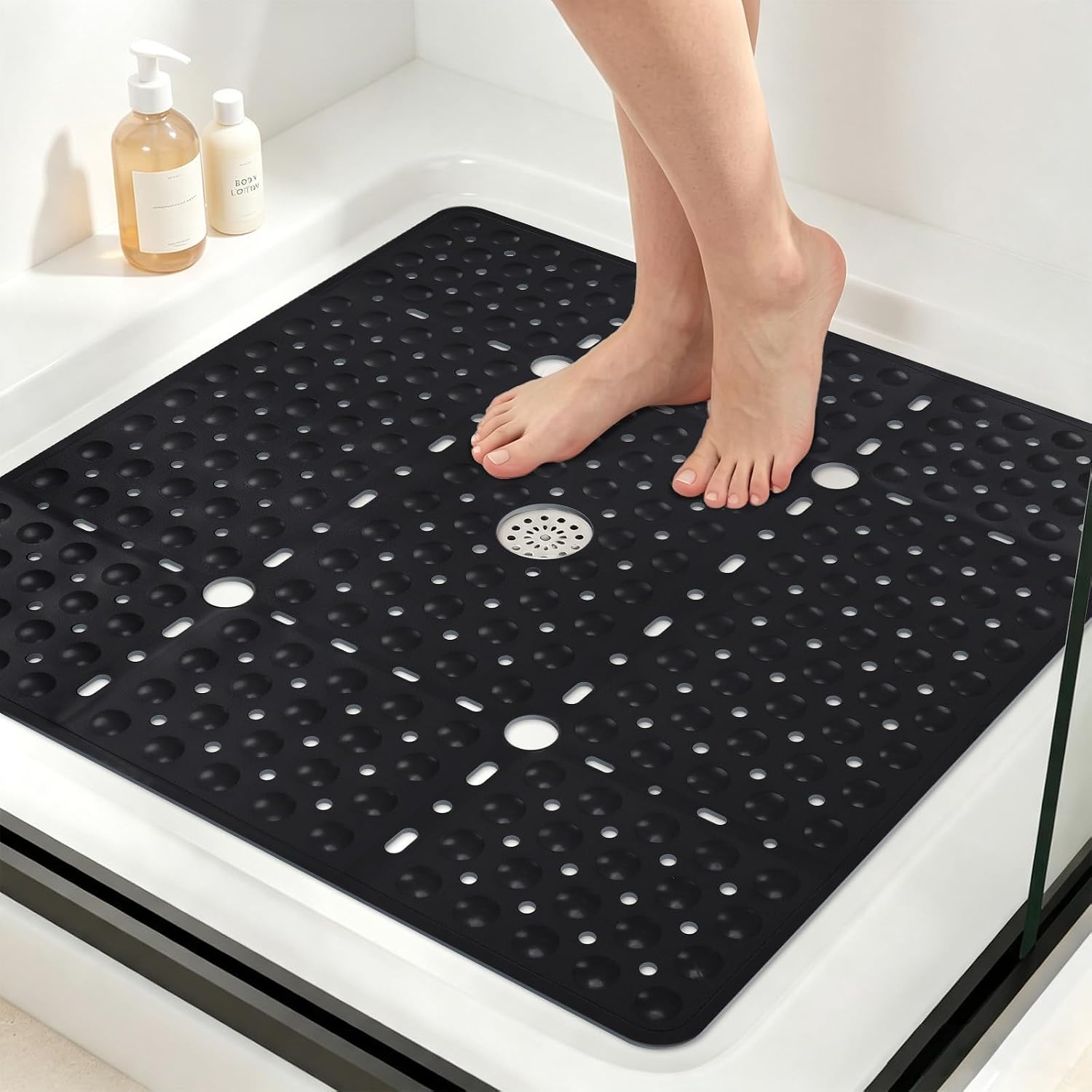 Aldernest Square Shower Mat Non Slip, 27 x 27 Inch Quick Drain TPE Anti Slip Shower Mats for Inside Shower, 1.16 kg, Black