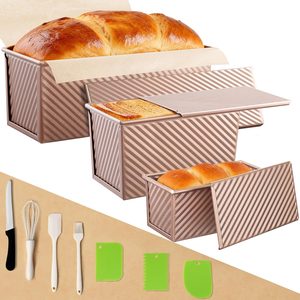 Aldernest 3 Pack Pullman Loaf Pan with Lids, Non-Stick Bread Loaf Pan, Standard, Rose Gold, 5 Count