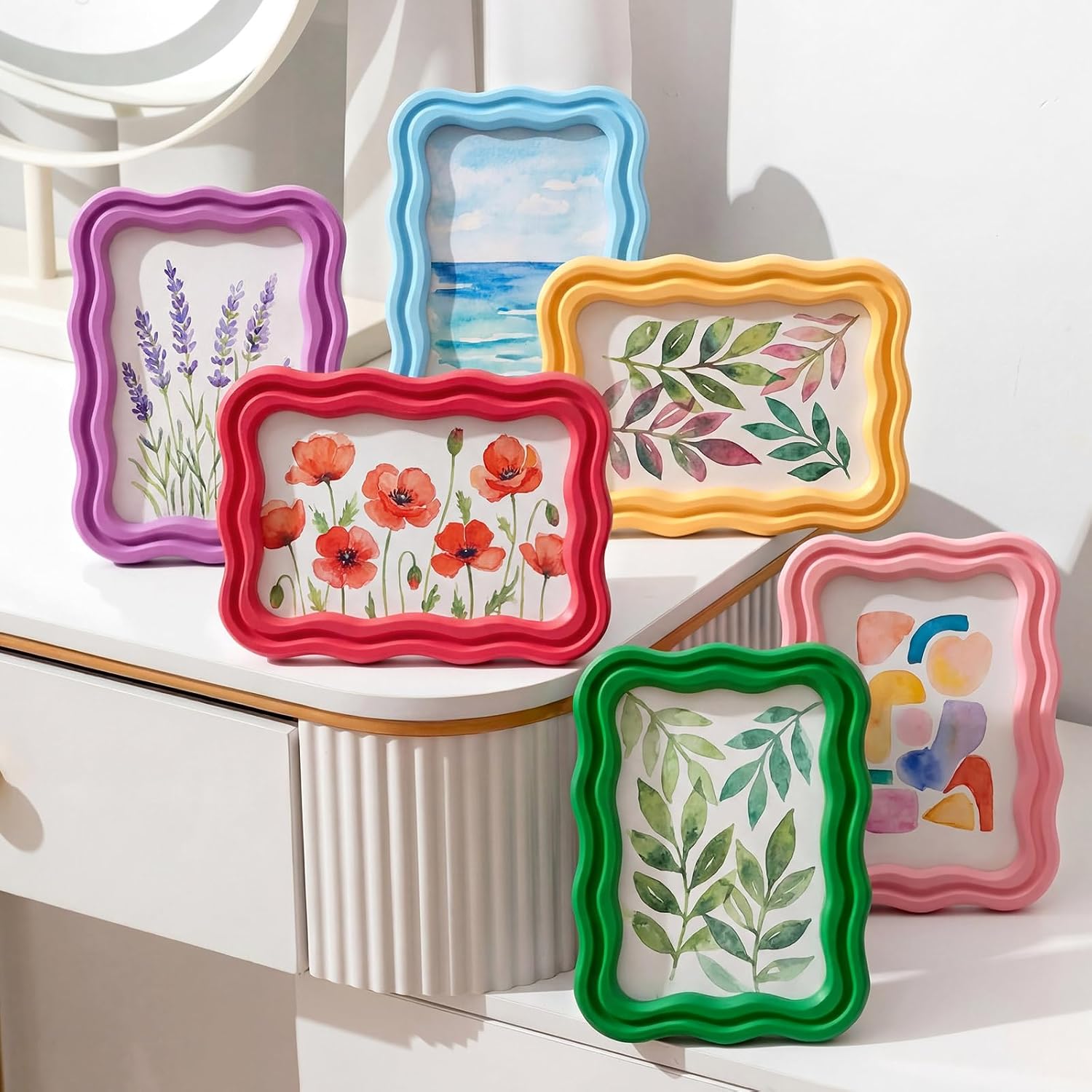 Aldernest 6 Pack 4 x 6 Inch Scalloped Picture Frame with Real Glass, Rainbow Color