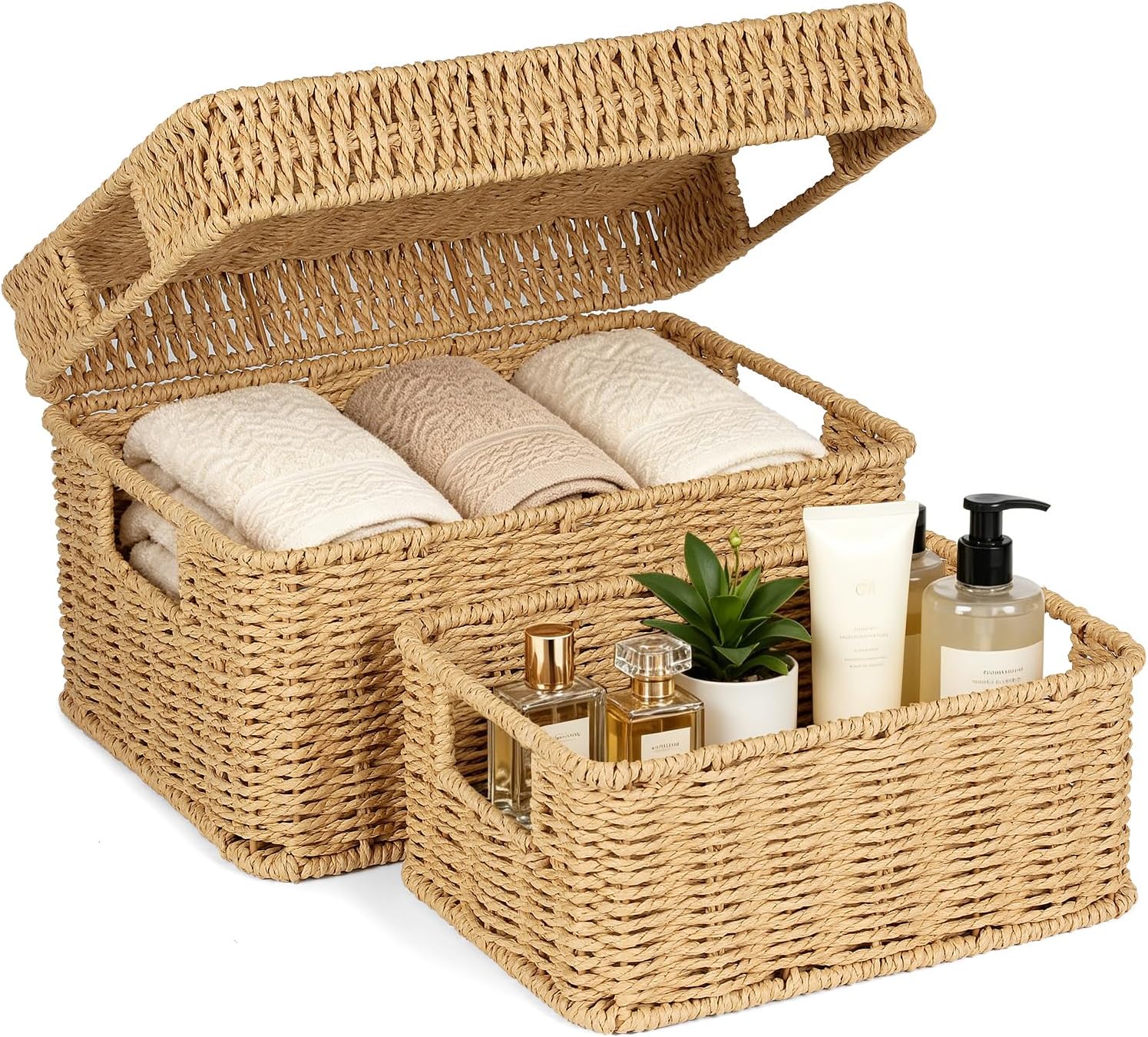 Barleyfield Wicker Storage Basket with Lid for Shelves, Set of 2, Natural