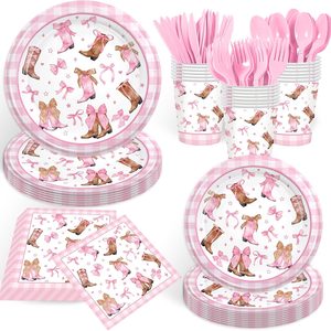 Ashenby 168PCS Cowgirl Party Supplies for Birthday Pink Coquette Bow Party Decorations Western Cowgirl Themed Tableware Bowknot Rodeo Paper Plates