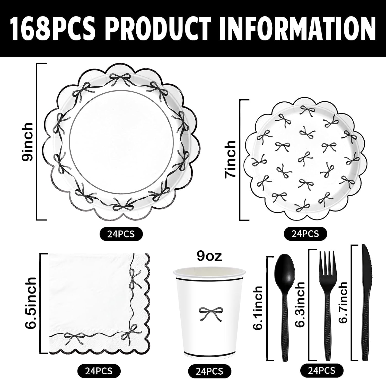 Ashenby 168PCS Bow Party Supplies for Birthday Black and White Party Decorations Paper Plates Cups Napkins Tableware Set Serves 24 Guests