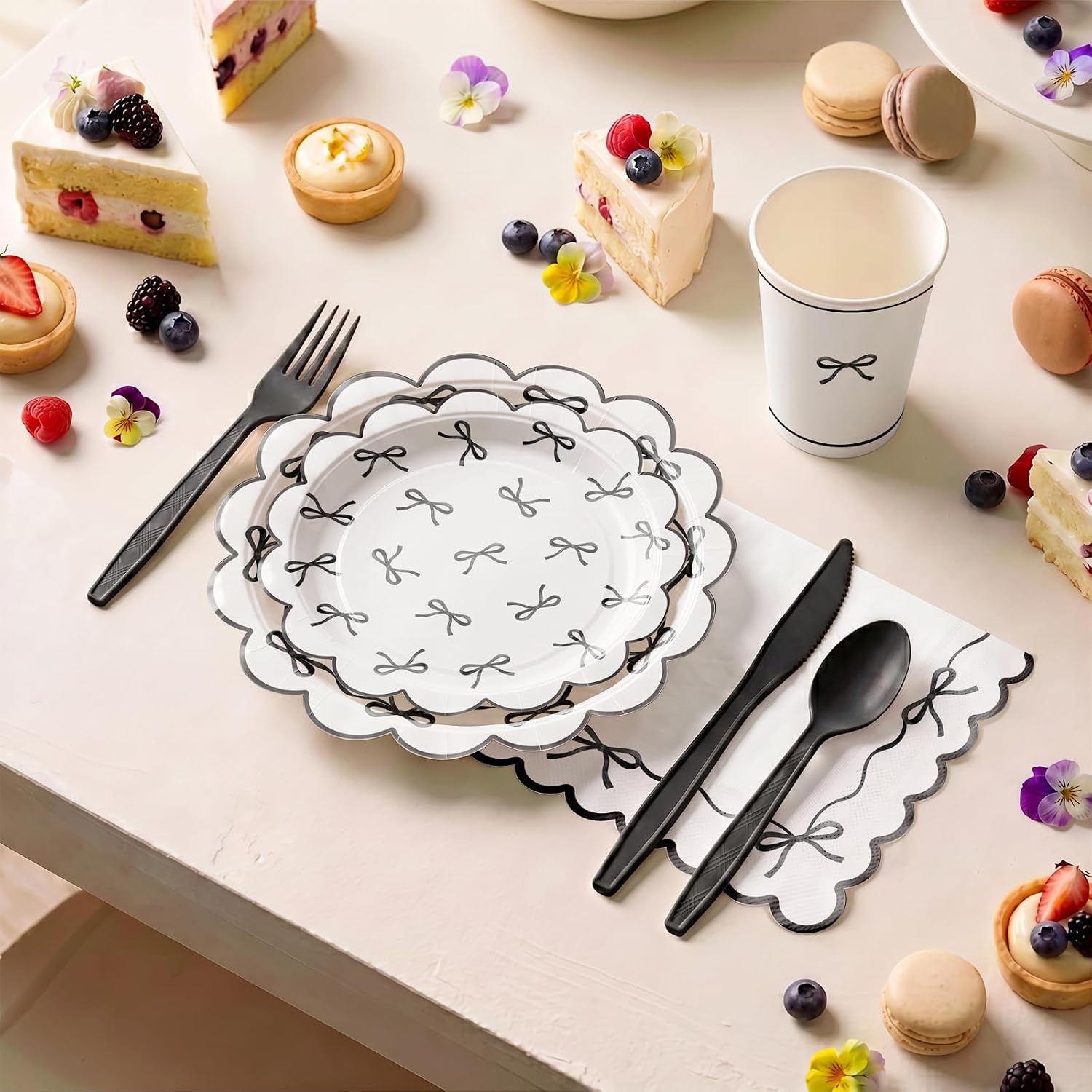 Ashenby 168PCS Bow Party Supplies for Birthday Black and White Party Decorations Paper Plates Cups Napkins Tableware Set Serves 24 Guests
