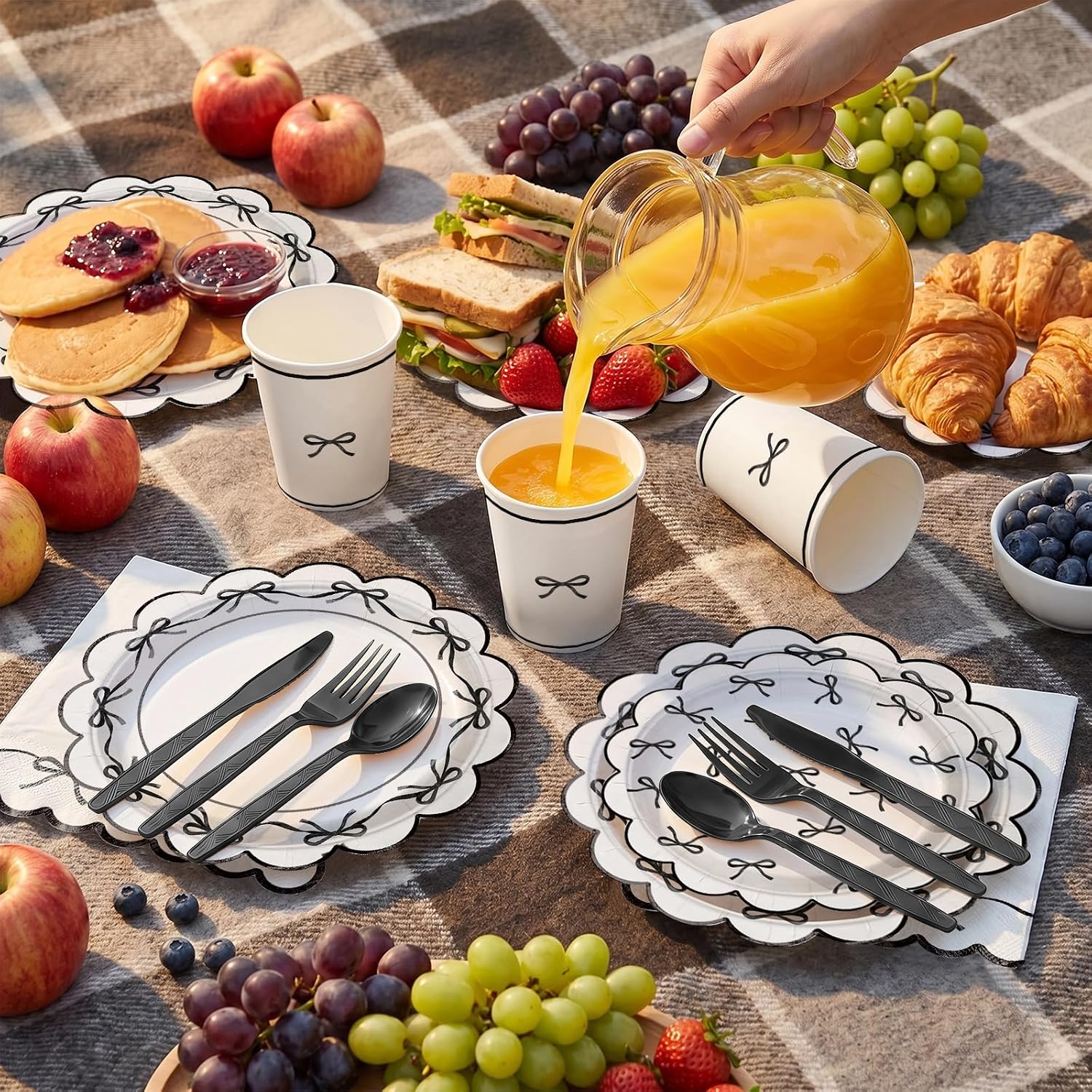Ashenby 168PCS Bow Party Supplies for Birthday Black and White Party Decorations Paper Plates Cups Napkins Tableware Set Serves 24 Guests
