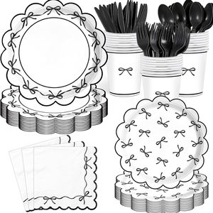 Ashenby 168PCS Bow Party Supplies for Birthday Black and White Party Decorations Paper Plates Cups Napkins Tableware Set Serves 24 Guests