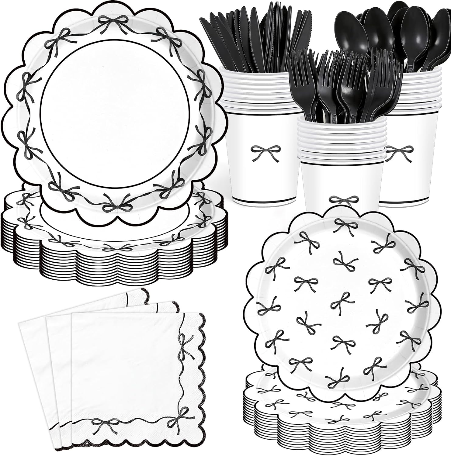 Ashenby 168PCS Bow Party Supplies for Birthday Black and White Party Decorations Paper Plates Cups Napkins Tableware Set Serves 24 Guests