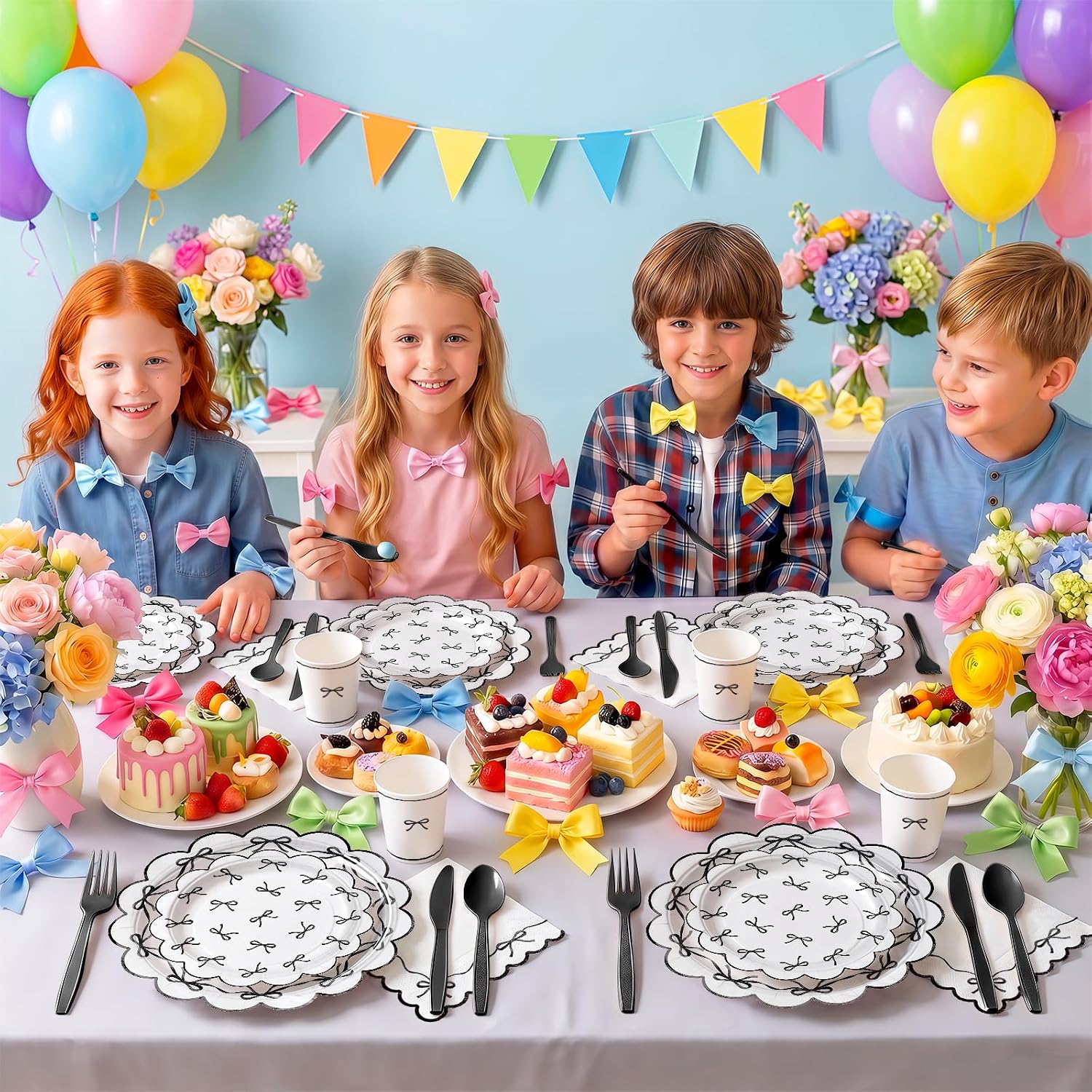 Ashenby 168PCS Bow Party Supplies for Birthday Black and White Party Decorations Paper Plates Cups Napkins Tableware Set Serves 24 Guests