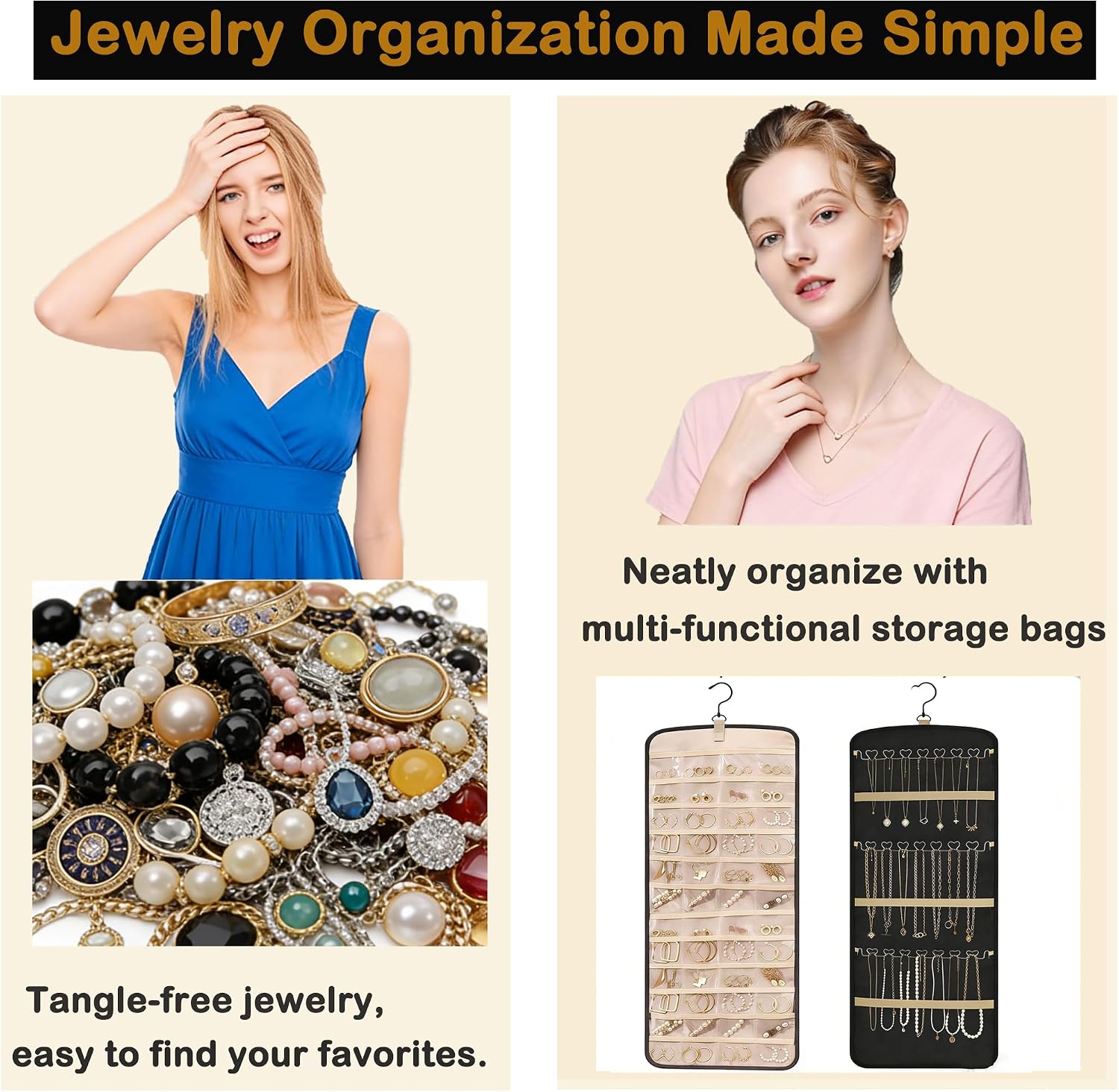 Tanglewick Hanging Jewelry Organizer, 1Pcs Double-Sided Jewelry Organizers and Storage, Black-L