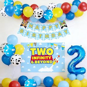 Aldernest Two Infinity and Beyond Birthday Decorations Cartoon Story 2nd Birthday Party Supplies Include Balloon Banner Backdrop for Toy Themed Party