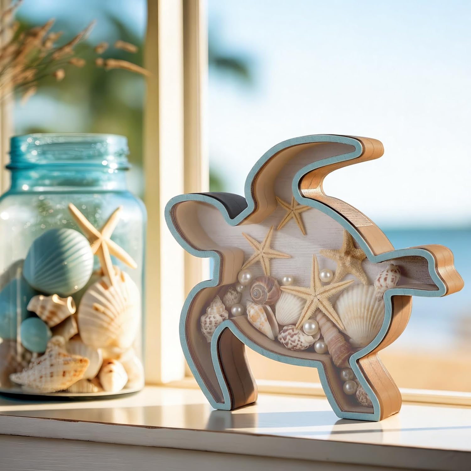 Aldernest Wooden Sea Turtle Seashell Holder Seashell Display Box Shell Collection Box, 12.32 ounces, Blue Green