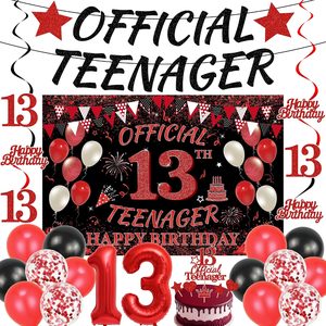 Barleyfield 13th Birthday Decorations Banner Boys - 24 Pcs Black Red Official Teenager Banner Happy Birthday Backdrop Number Foil Hanging Swirls for