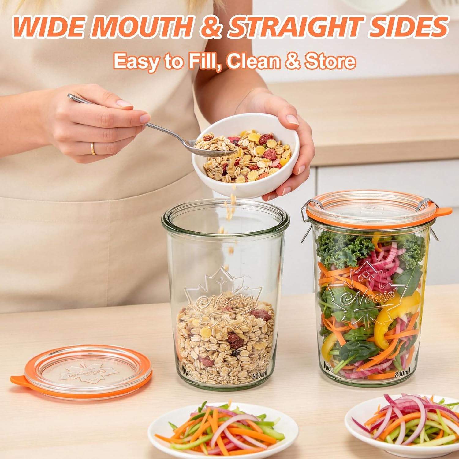 VelloHome 2 Pack Wide Mouth 27oz Canning Jars, Sourdough Starter with Sealing Lid, Large, Orange