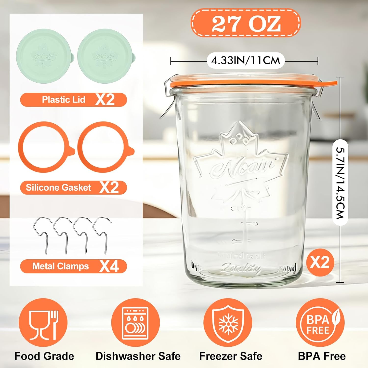 VelloHome 2 Pack Wide Mouth 27oz Canning Jars, Sourdough Starter with Sealing Lid, Large, Orange