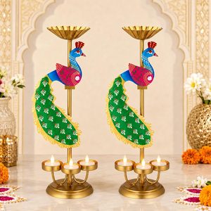 VelloHome 2pcs Diwali Peacock Tealight Candle Holder, Diwali Home Decor, 1.3 pounds, Gold