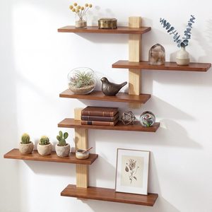 LumeraHome 2 Pack Floating Wall Shelf Mid Century Decor, Natural Wood, 3 Tier