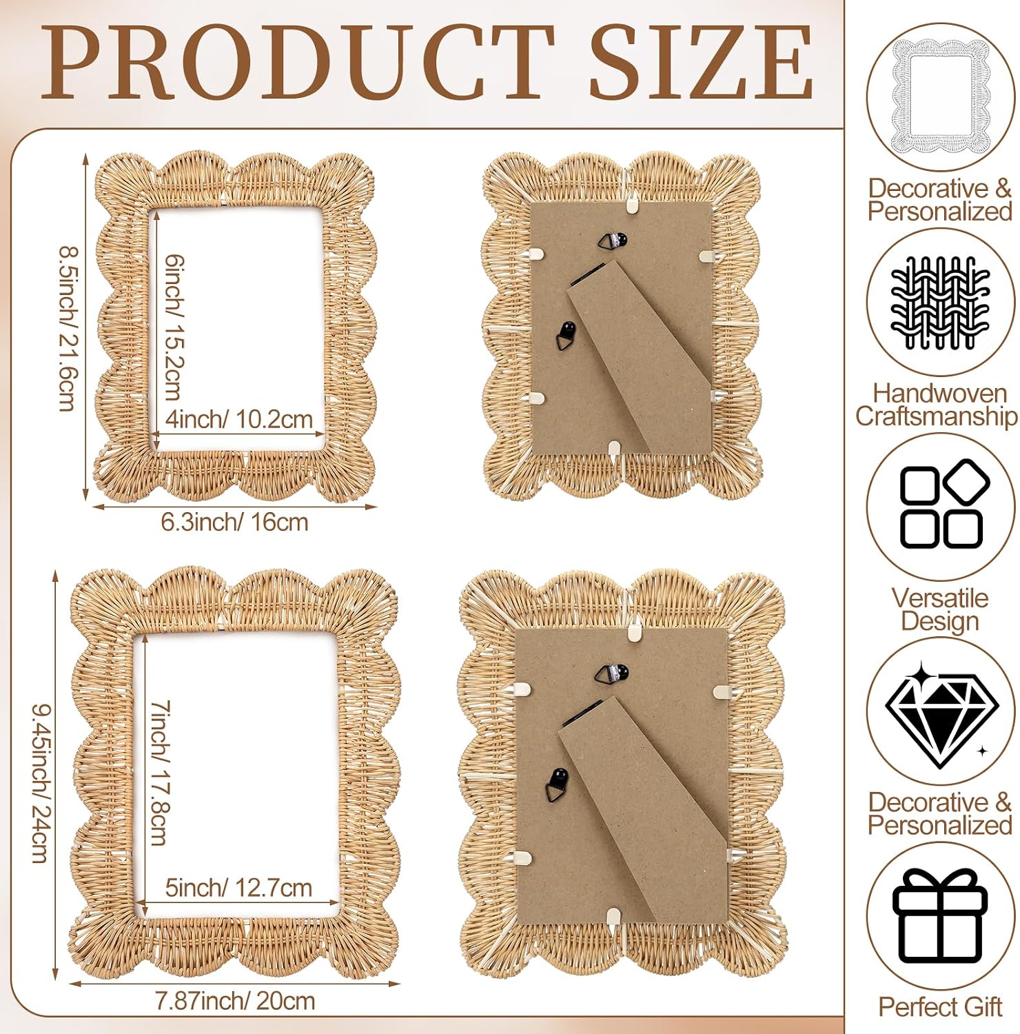 Aldernest 2 Pack Coastal Picture Frames, 4x6 in & 5x7 in, Woven Rattan, natural color