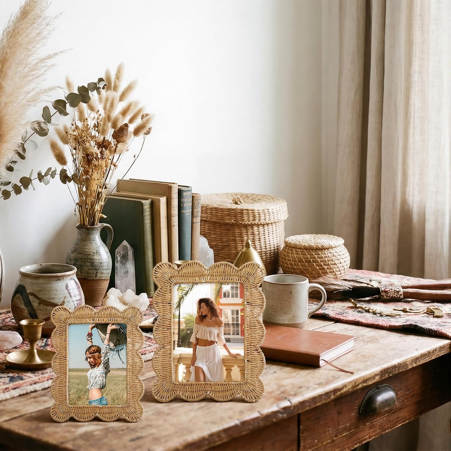 Aldernest 2 Pack Coastal Picture Frames, 4x6 in & 5x7 in, Woven Rattan, natural color
