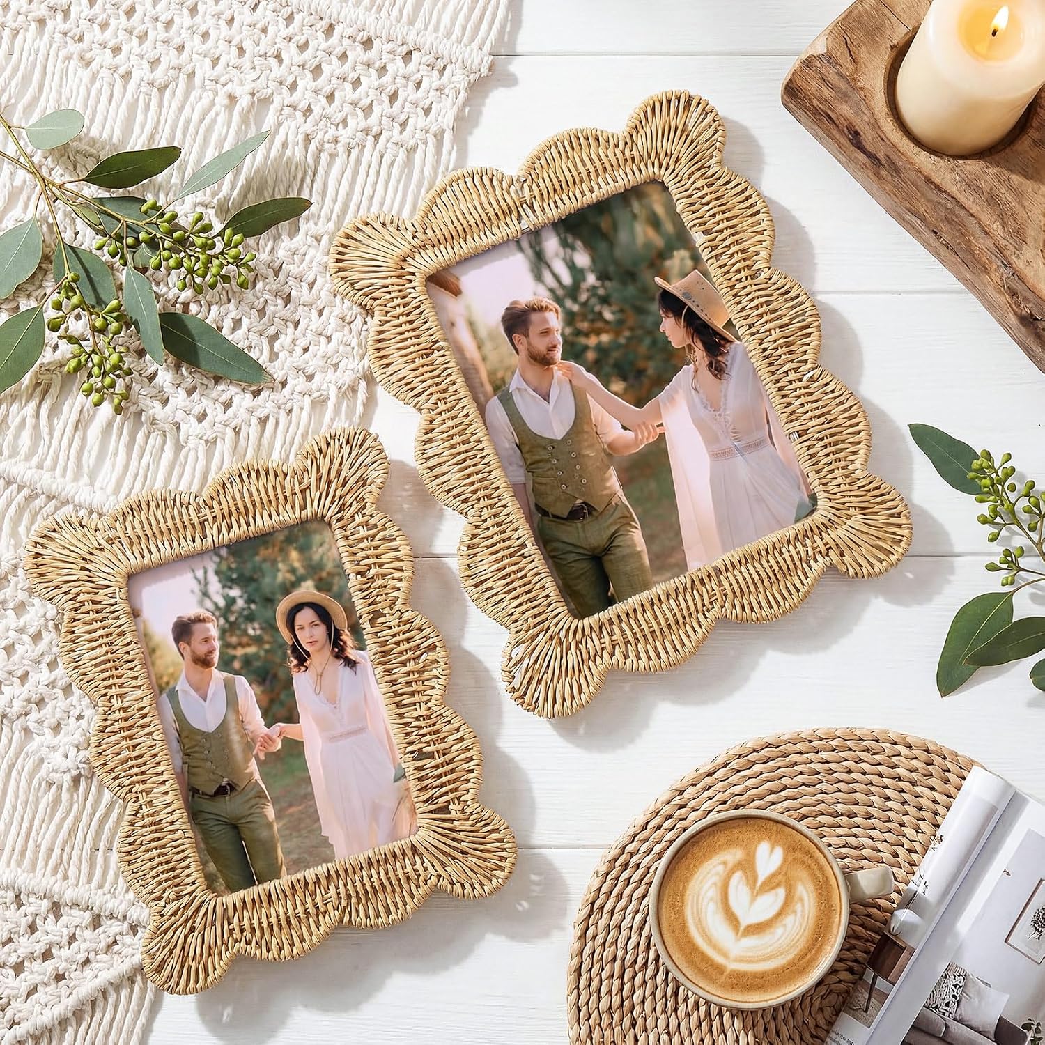 Aldernest 2 Pack Coastal Picture Frames, 4x6 in & 5x7 in, Woven Rattan, natural color