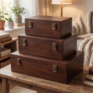 Ashenby 3 Pcs Wooden Decorative Storage Boxes with Lids Vintage Wood Organizer Bins for Your Bookshelf Home Decor Safely Store Photos Documents Memory