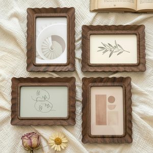Aldernest 4 Pack 5x7″ Layered Wavy Wooden Picture Frames with Real Glass, 3 pounds, walnut color