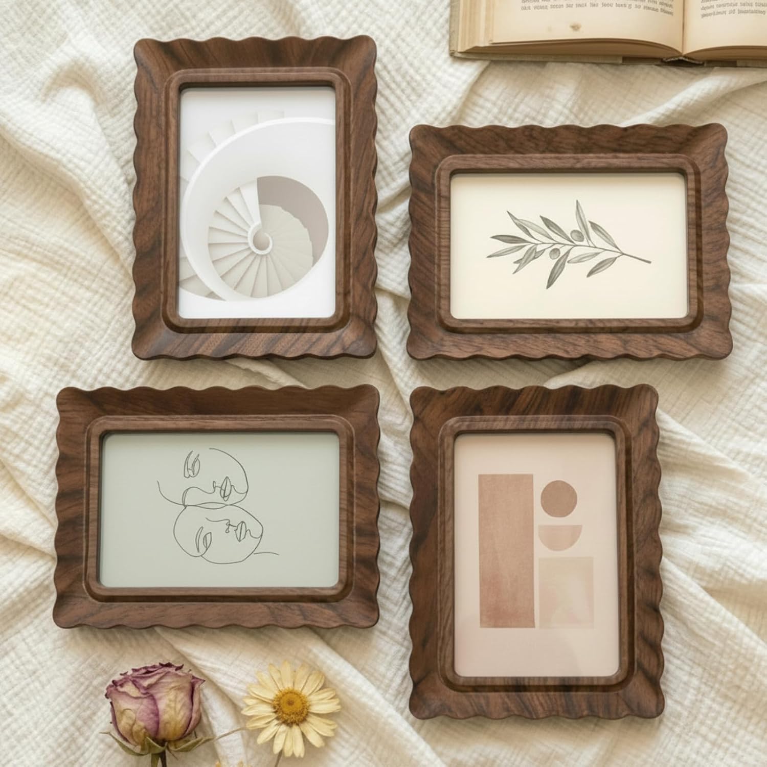 Aldernest 4 Pack 5x7″ Layered Wavy Wooden Picture Frames with Real Glass, 3 pounds, walnut color